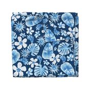 Tropical Botanical Navy Blue Monochrome Watercolor Pattern with Monstera leaves, hibiscus, frangipani, Banana leaves. Large Scale