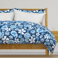 Tropical Botanical Navy Blue Monochrome Watercolor Pattern with Monstera leaves, hibiscus, frangipani, Banana leaves. Large Scale