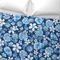 Tropical Botanical Navy Blue Monochrome Watercolor Pattern with Monstera leaves, hibiscus, frangipani, Banana leaves. Large Scale