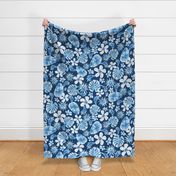 Tropical Botanical Navy Blue Monochrome Watercolor Pattern with Monstera leaves, hibiscus, frangipani, Banana leaves. Large Scale
