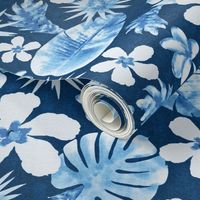 Tropical Botanical Navy Blue Monochrome Watercolor Pattern with Monstera leaves, hibiscus, frangipani, Banana leaves. Large Scale