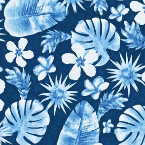 Tropical Botanical Navy Blue Monochrome Watercolor Pattern with Monstera leaves, hibiscus, frangipani, Banana leaves. Large Scale