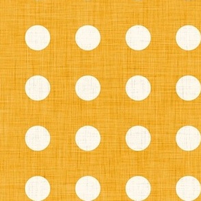 13 Marigold- Polka Dots on Grid- 1 inch- Linen Texture- Dark- Petal Solids Coordinate- Solid Color- Faux Texture- Gold- Ochre- Honey- Orange- Mustard- Bright Earth Tones- Fall- Autumn- Summer