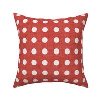 17 Poppy Red- Polka Dots on Grid- 1 inch- Linen Texture- Dark- Petal Solids Coordinate- Faux Texture Wallpaper- Christmas- Holidays- Valentines Day