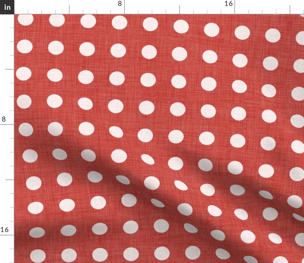 17 Poppy Red- Polka Dots on Grid- 1 inch- Linen Texture- Dark- Petal Solids Coordinate- Faux Texture Wallpaper- Christmas- Holidays- Valentines Day
