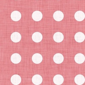 23 Watermelon- Polka Dots on Grid- 1 inch- Linen Texture- Dark- Petal Solids Coordinate- Faux Texture Wallpaper- Coral- Flamingo- Pink- Valentines Day