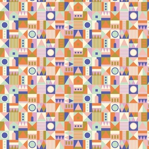 Jazzy Mid Mod abstract geometric shapes in orange rust, cobalt, lavender, pink, mint green– small scale