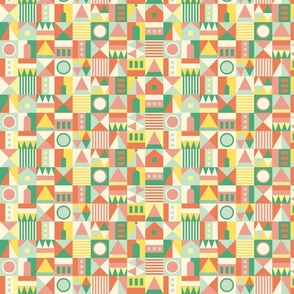 Citrus Mid Mod abstract geometric shapes in orange, green, yellow, mint green, cream – small scale