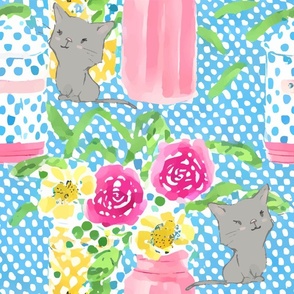 kitten, polka dots and flowers