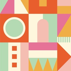 Soft Pastel Mid Mod abstract geometric shapes in orange, pink, yellow, green and cream– large scale