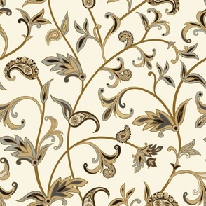Indian Paisley Floral Vines in Khaki, Grey, and Black on Ivory