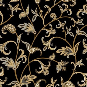 Indian Paisley Floral Vines in Khaki and Grey on Black