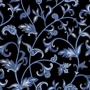 Indian Paisley Floral Vines in Blue and Taupe on Black