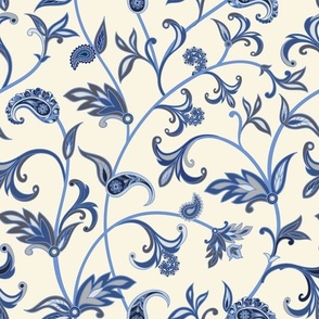 Indian Paisley Floral Vines in Blue and Taupe on Ivory