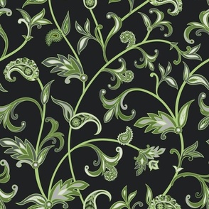 Indian Paisley Floral Vines in Green and Sage on Midnight Blue