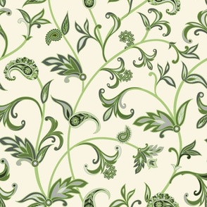 Indian Paisley Floral Vines in Green and Sage on Ivory