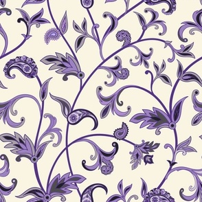Indian Paisley Floral Vines in Amethyst and Purple on Ivory