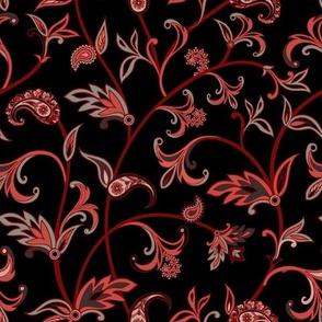 Indian Paisley Floral Vines in Red and Orange on Black