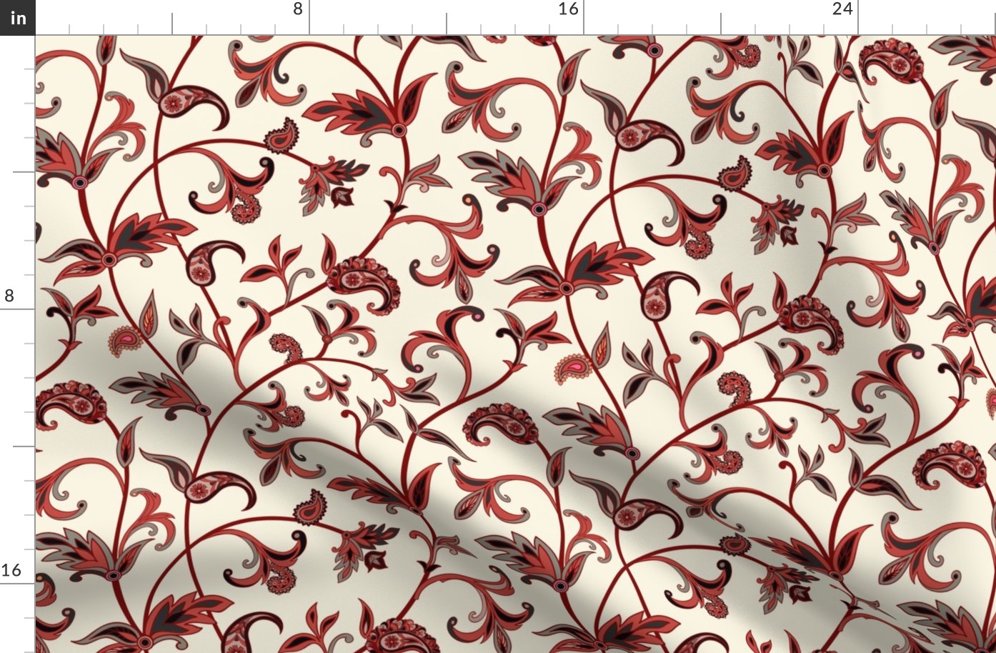 Indian Paisley Floral Vines in Red and Orange on Ivory