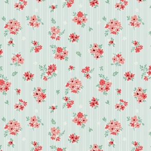 Cottage Core Ditsy Floral with Stripes - Multi on Mint
