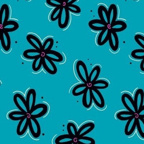 Funky Florals in Black and Teal - Medium