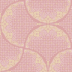 Butter and Piglet Sashiko Ginkgo Leaves Fans Scallops on Rose Pink by Angel Gerardo - Jumbo Scale