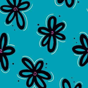 Funky Florals in Black and Teal - Large