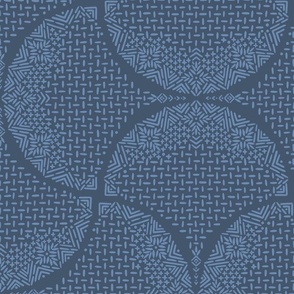 Navy Blue and Serenity Sashiko Ginkgo Leaves Fans Scallops  by Angel Gerardo - Jumbo Scale