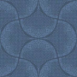 Navy Blue and Serenity Sashiko Ginkgo Leaves Fans Scallops by Angel Gerardo - Large Scale