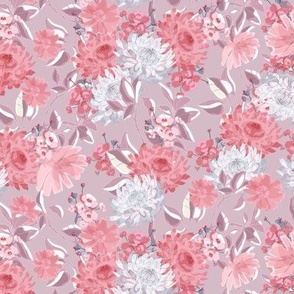 Romantic Peony Garden in Salmon and White on Light Grey