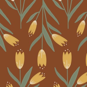 Yellow Tulips (Large), Painted Flowers, Burgundy and Yellow, Burgundy Home Decor, Burgundy Wallpaper, Yellow Tulips, Floral Home Decor, Tulip Fabric, Floral Wallpaper, Burgundy Background, Hand Painted Tulips