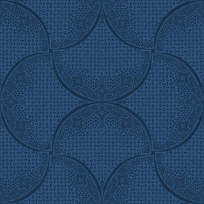 Navy and Denim Blue Fans Sashiko Ginkgo Leaves Scallops by Angel Gerardo - Large Scale