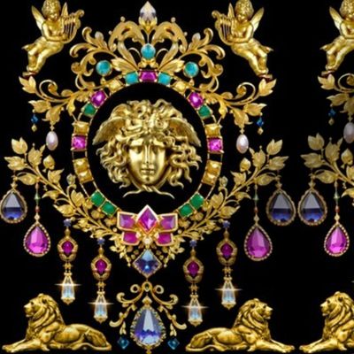 22 gold cherub angels lions medusa head portrait gems jewels pink diamonds pearls emeralds sapphire baroque rococo fuschia pink blue colorful musician harps acanthus flowers floral leaves leaf green white swirls Victorian medallion roman greek statues win