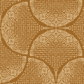 Ochre and Wheat Sashiko Ginkgo Leaves Fans Scallops by Angel Gerardo - Jumbo Scale