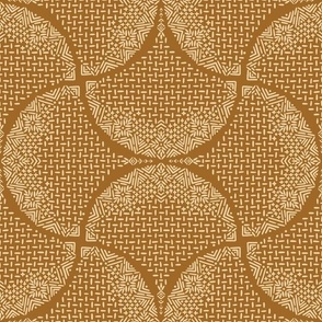 Ochre and Wheat Sashiko Ginkgo Leaves Fans Scallops by Angel Gerardo - Large Scale