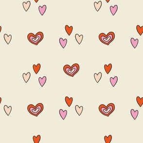 Colorful Hand Drawn Retro Groovy Love Heart Shapes in Ivory Background