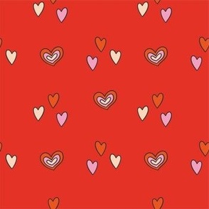Colorful Hand Drawn Retro Groovy Love Heart Shapes in Red Background
