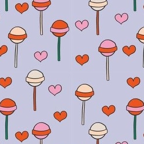 Colorful Hand Drawn Retro Groovy Lollipops  and Love Shape with Purple Background