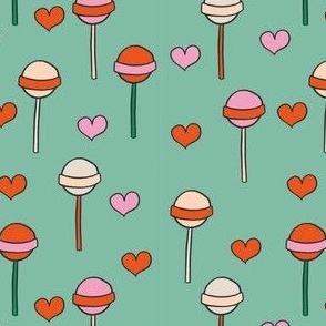 Colorful Hand Drawn Retro Groovy Lollipops  and Love Shape with Teal Background