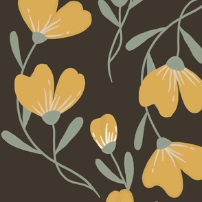Hand Painted Yellow Flowers, Yellow Floral, Gray Background, Floral Fabric, Floral Home Decor, Floral Wallpaper, Elegant Flowers, Boho Flowers, Feminine Home Decor, Botanical