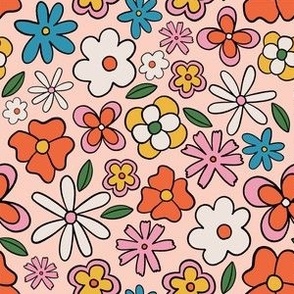 Hand Drawn Vibrant Colorful Retro Groovy Floral in Peach Background