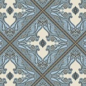 Antique Dusky Blue Paisley Tiles with Ivory