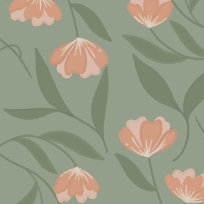 Hand Painted Pink Flowers, Pink and Blush Flowers, Green Background, Floral Fabric, Floral Home Decor, Floral Wallpaper, Elegant Flowers, Boho Flowers, Feminine Home Decor, BotanicaL 