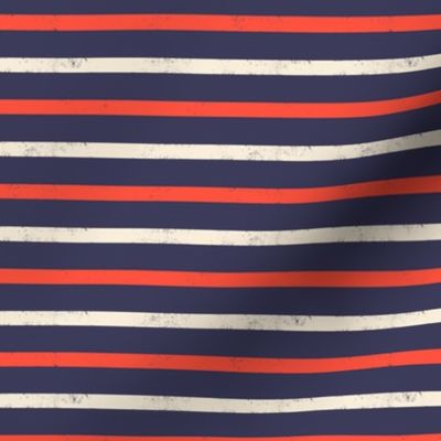 Small scale / Red and beige horizontal stripes on navy / grunge distressed textured blender lines on dark blue background / Valentine scarlet crimson cream ivory usa patriotic decor