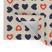 Small scale / Vintage hearts on beige / Red crimson scarlet dark navy blue and light cream ivory / bright grunge distressed non directional cute romantic 60s love 70s retro valentine playing cards