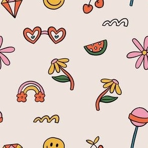 Colorful Hand Drawn Retro Groovy Elements in Beige Background