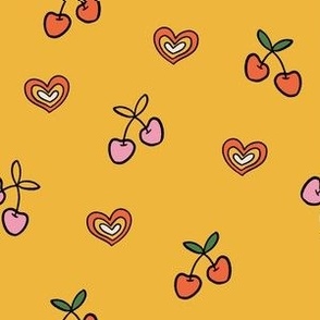 Colorful Hand Drawn Retro Groovy Cherries and Heart Shape with Yellow Background