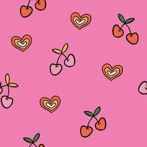 Colorful Hand Drawn Retro Groovy Cherries and Heart Shape with Shocking Pink Background