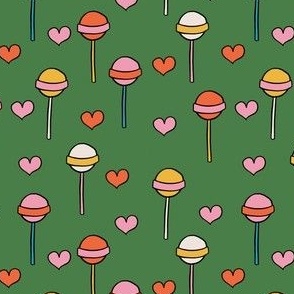 Colorful Hand Drawn Retro Groovy Lollipops  and Love Shape with Green Background