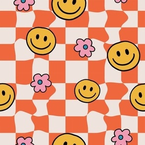 Colorful Hand Drawn Retro Groovy Psychedelic Pattern with Distortion Checkered and Smiley Face